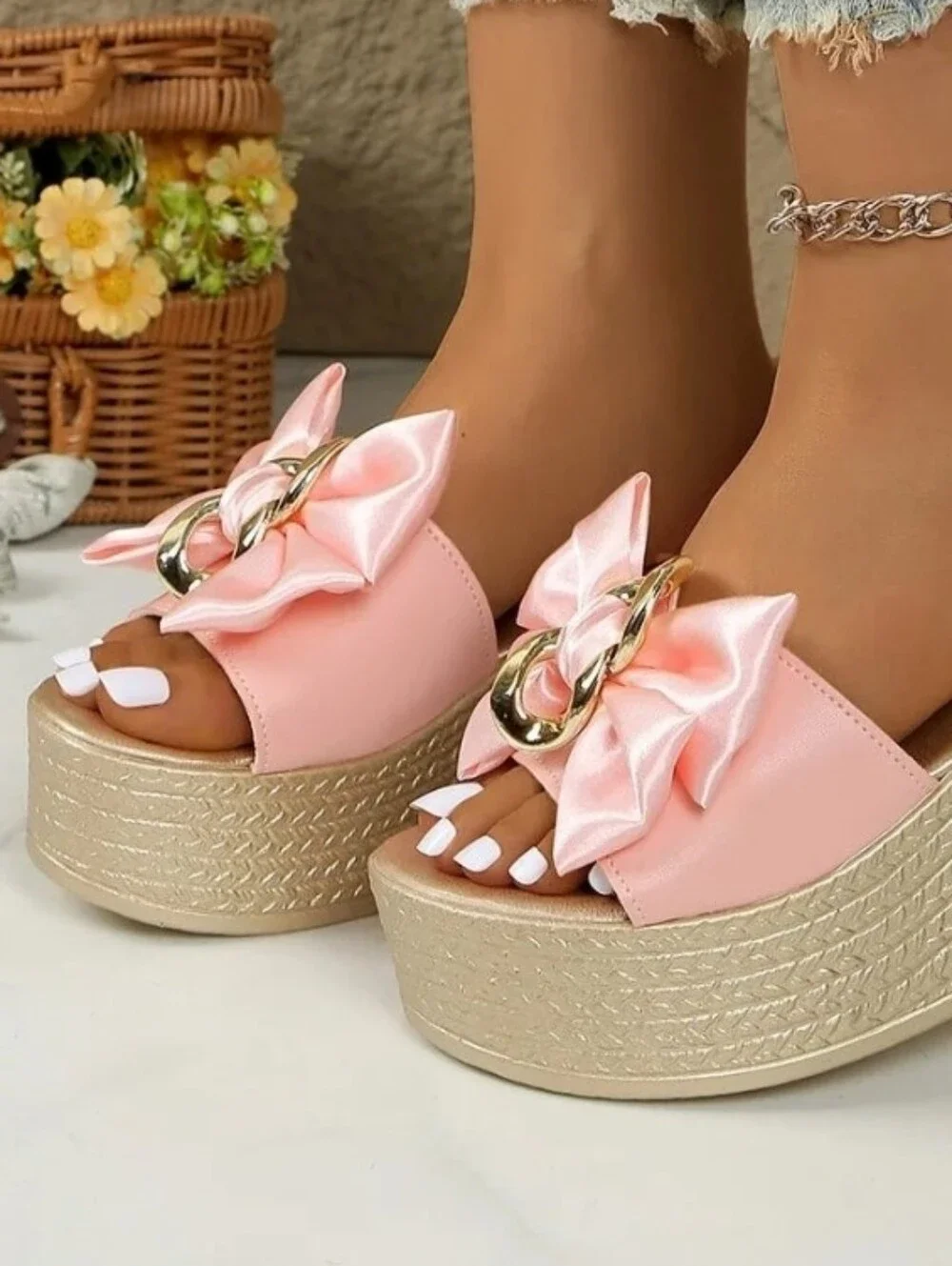 Gold Chain Oversized Bow Platform Open Toe Shoes Slip On Coquette Sandals Pink